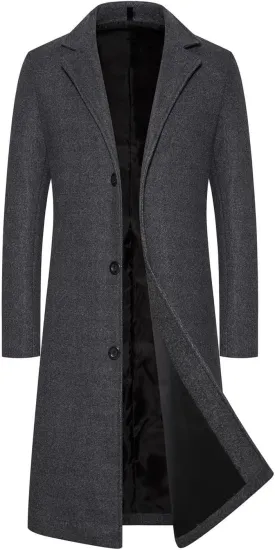 Mens Trench Coat Notched Lapel Pea Coat Winter Slim Fit Single Peacoat Wool Blend Elegant Long Jackets
