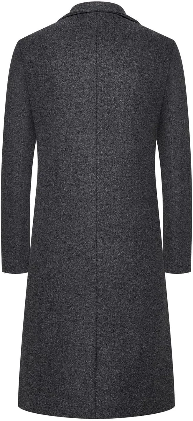 Mens Trench Coat Notched Lapel Pea Coat Winter Slim Fit Single Peacoat Wool Blend Elegant Long Jackets