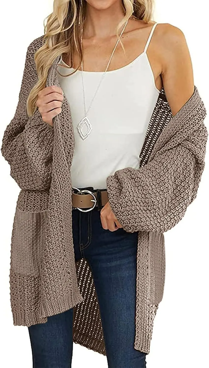 MEROKEETY Women's 2024 Fall Open Front Chunky Knit Sweater Oversized Lantern Sleeve Cardigan Outwear