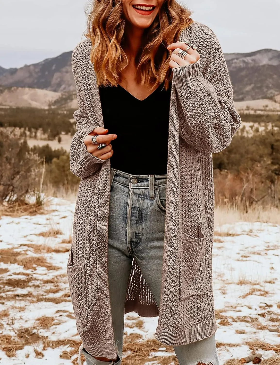 MEROKEETY Women's 2024 Fall Open Front Chunky Knit Sweater Oversized Lantern Sleeve Cardigan Outwear