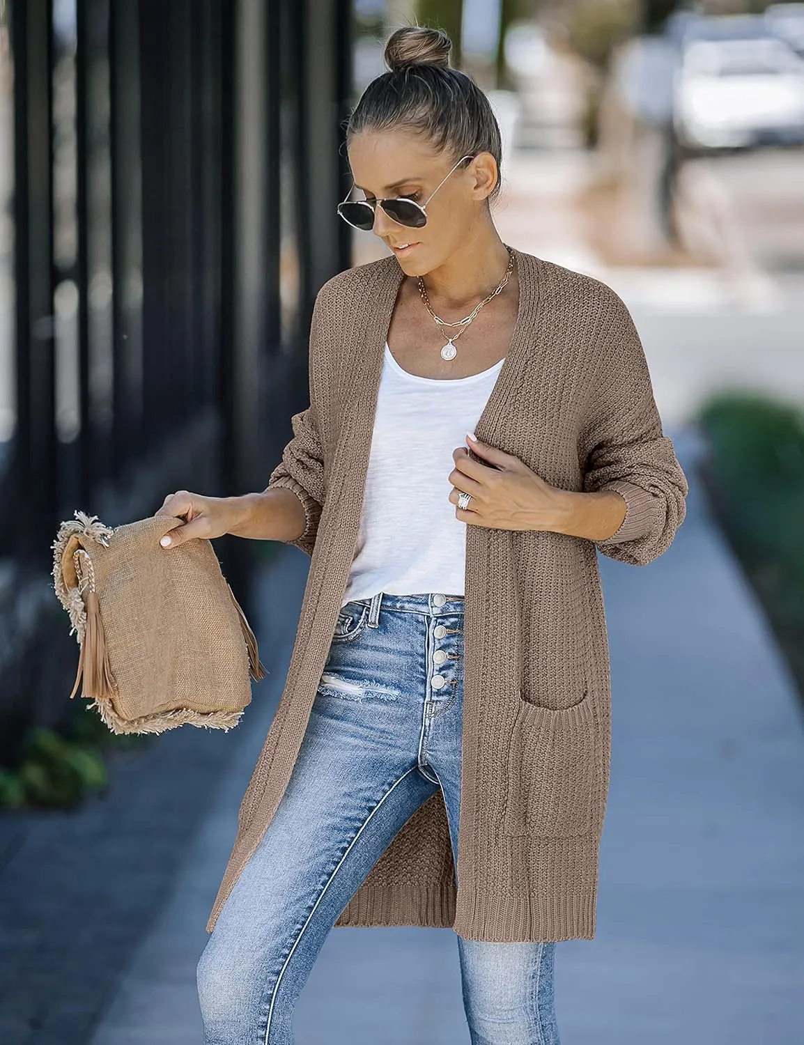 MEROKEETY Women's 2024 Fall Open Front Chunky Knit Sweater Oversized Lantern Sleeve Cardigan Outwear