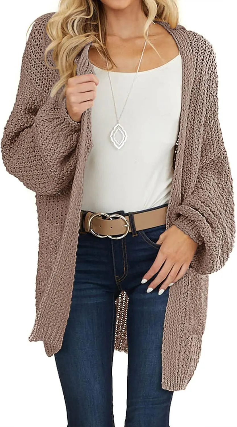 MEROKEETY Women's 2024 Fall Open Front Chunky Knit Sweater Oversized Lantern Sleeve Cardigan Outwear