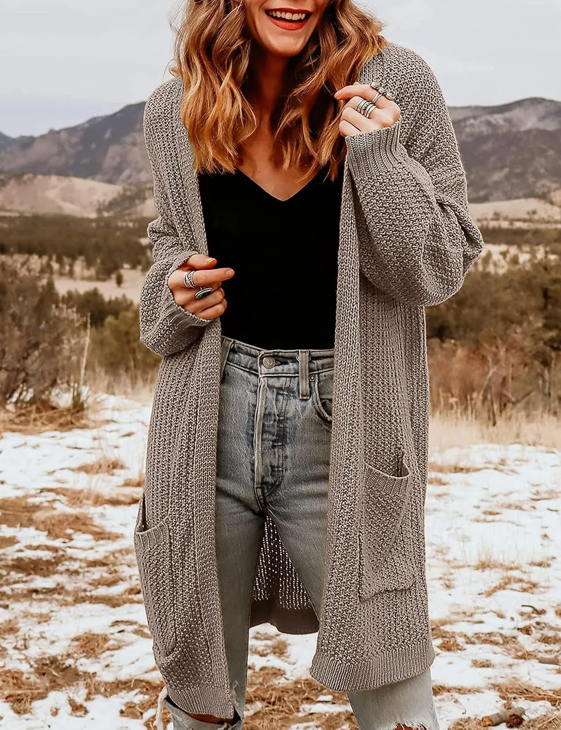 MEROKEETY Women's 2024 Fall Open Front Chunky Knit Sweater Oversized Lantern Sleeve Cardigan Outwear