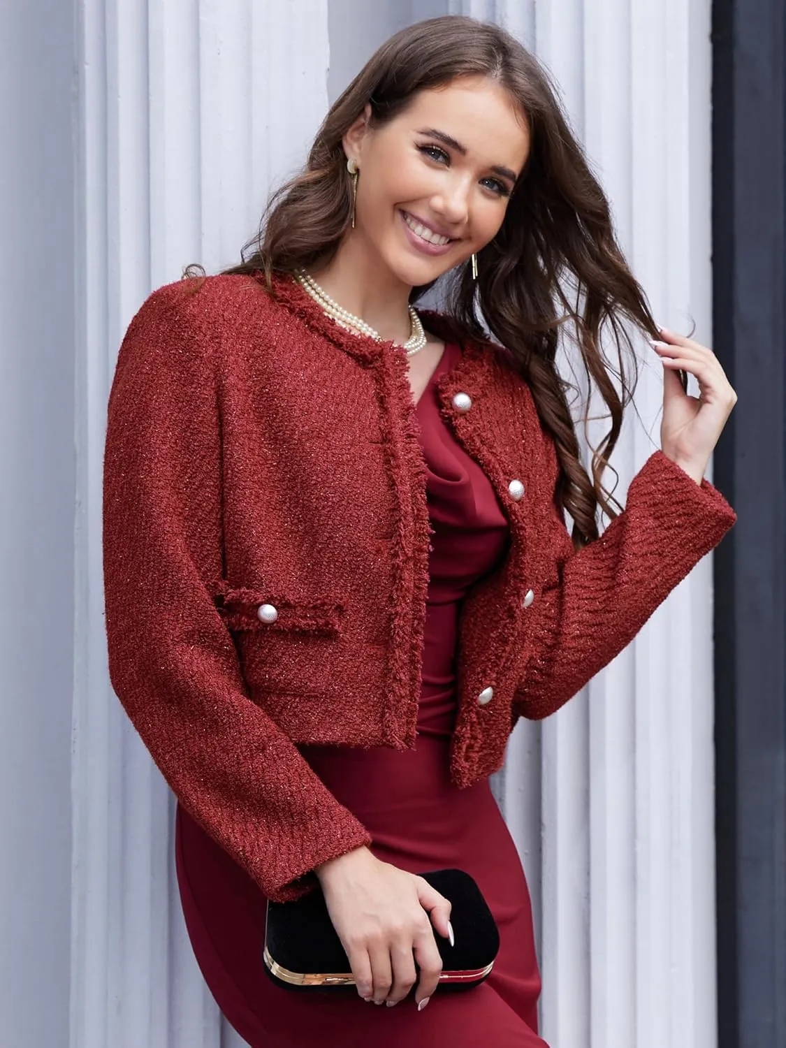 M.Infisavo Tweed Blazer Jackets for Women Fall Winter Long Sleeve Elegant Work Business Casual Cropped Jacket