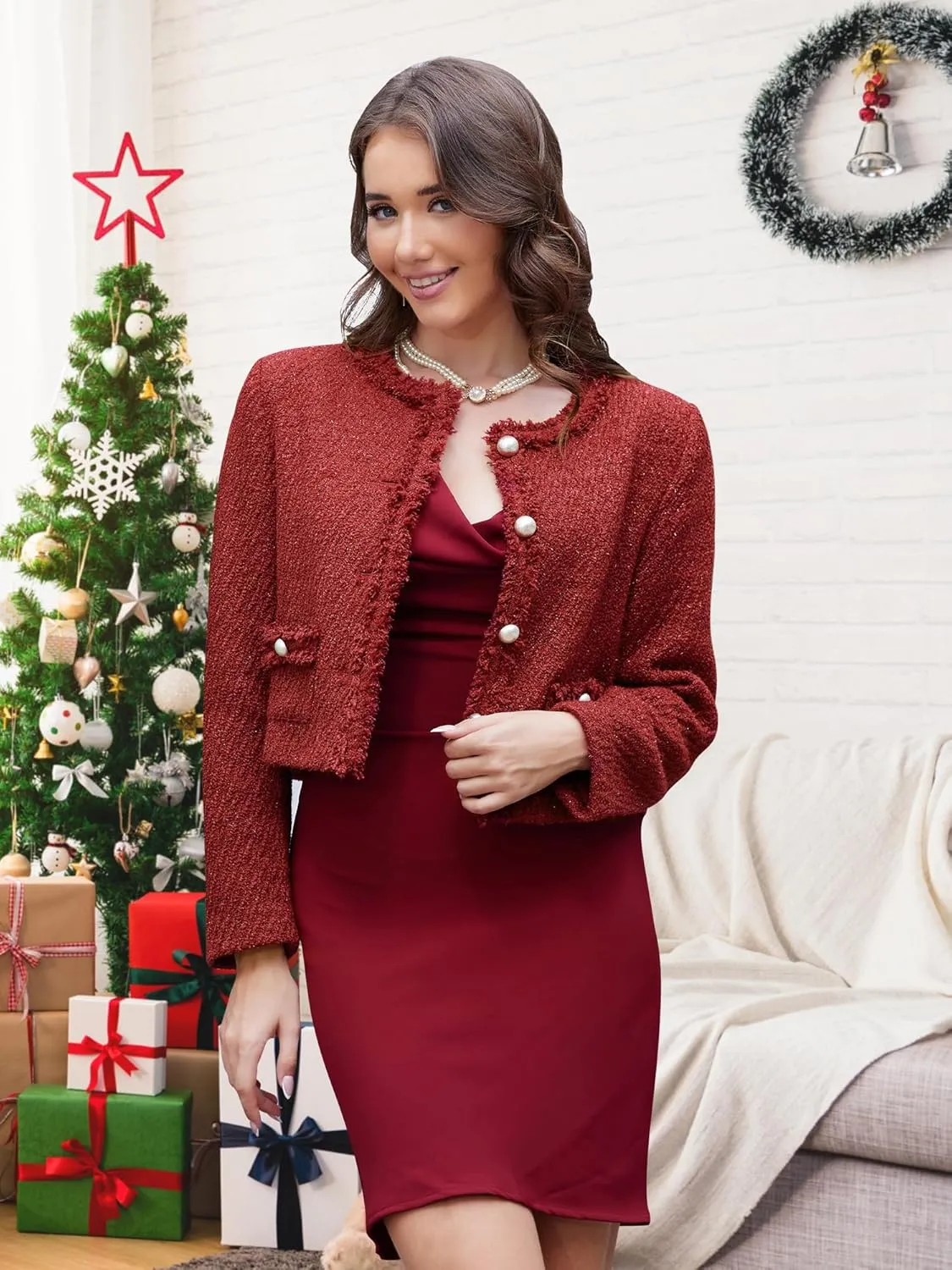 M.Infisavo Tweed Blazer Jackets for Women Fall Winter Long Sleeve Elegant Work Business Casual Cropped Jacket