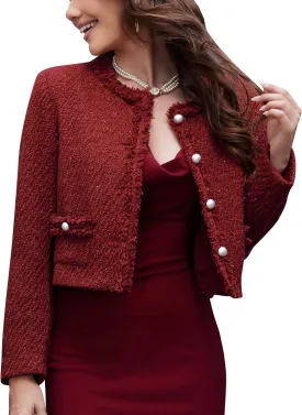 M.Infisavo Tweed Blazer Jackets for Women Fall Winter Long Sleeve Elegant Work Business Casual Cropped Jacket