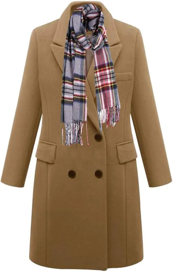 Pantete Women's Notched Lapel Wool Coat Double Breasted Long Trench Jacket Winter Pea Coat with Cashmere Scarf
