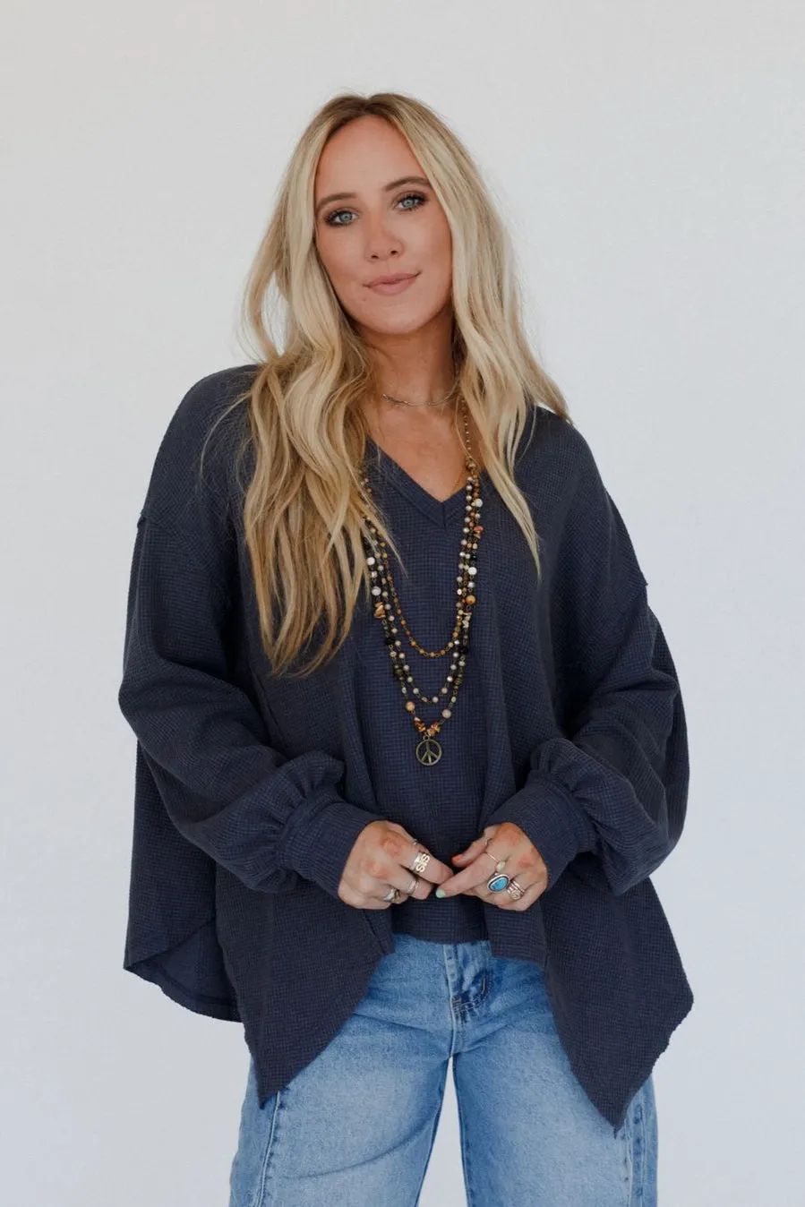 Poetry Thermal V Neck Top - Midnight