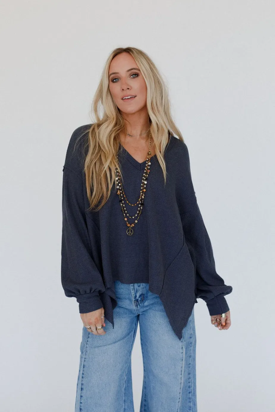 Poetry Thermal V Neck Top - Midnight