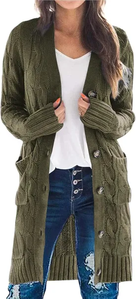 PRETTYGARDEN Long Sleeve Cable Knit Long Cardigan for Women 2025 Fall Winter Chunky Open Front Button Sweaters with Pockets