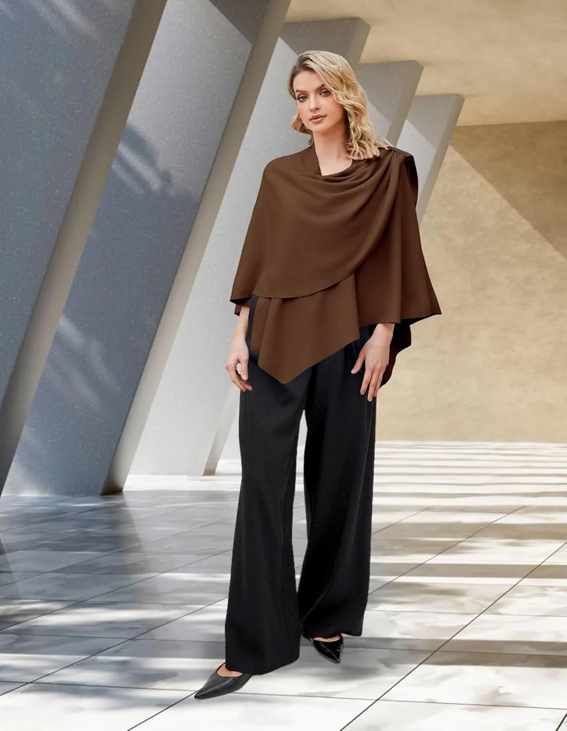 PULI Womens Large Cross Front Poncho Sweater Wrap Topper Knitted Elegant Shawls Cape for Fall Winter