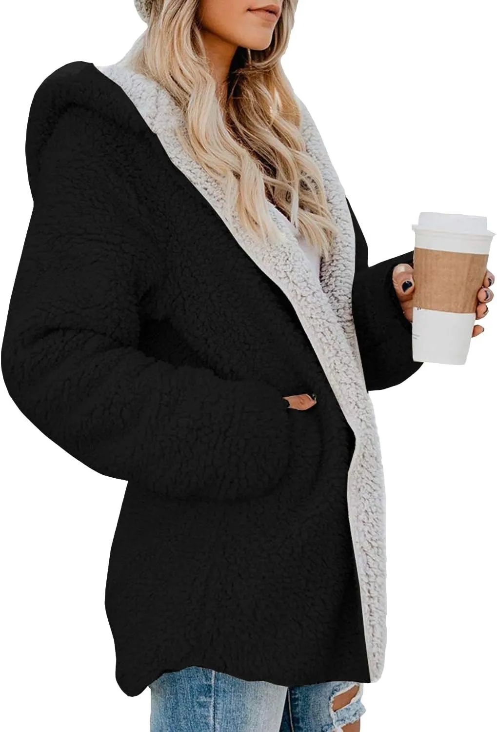 ReachMe Womens Sherpa Jacket Oversized Fleece Jacket Teddy Coats with Pockets Open Front Hooded Fuzzy Cardigan