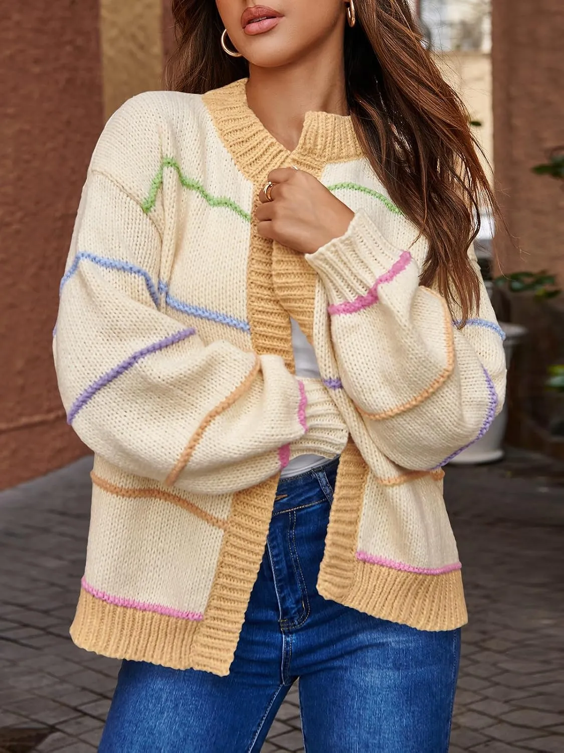 Saodimallsu Womens Color Block Cardigan Sweater Striped Open Front 2024 Fall Chunky Trendy Knit Loose Sweater Coats