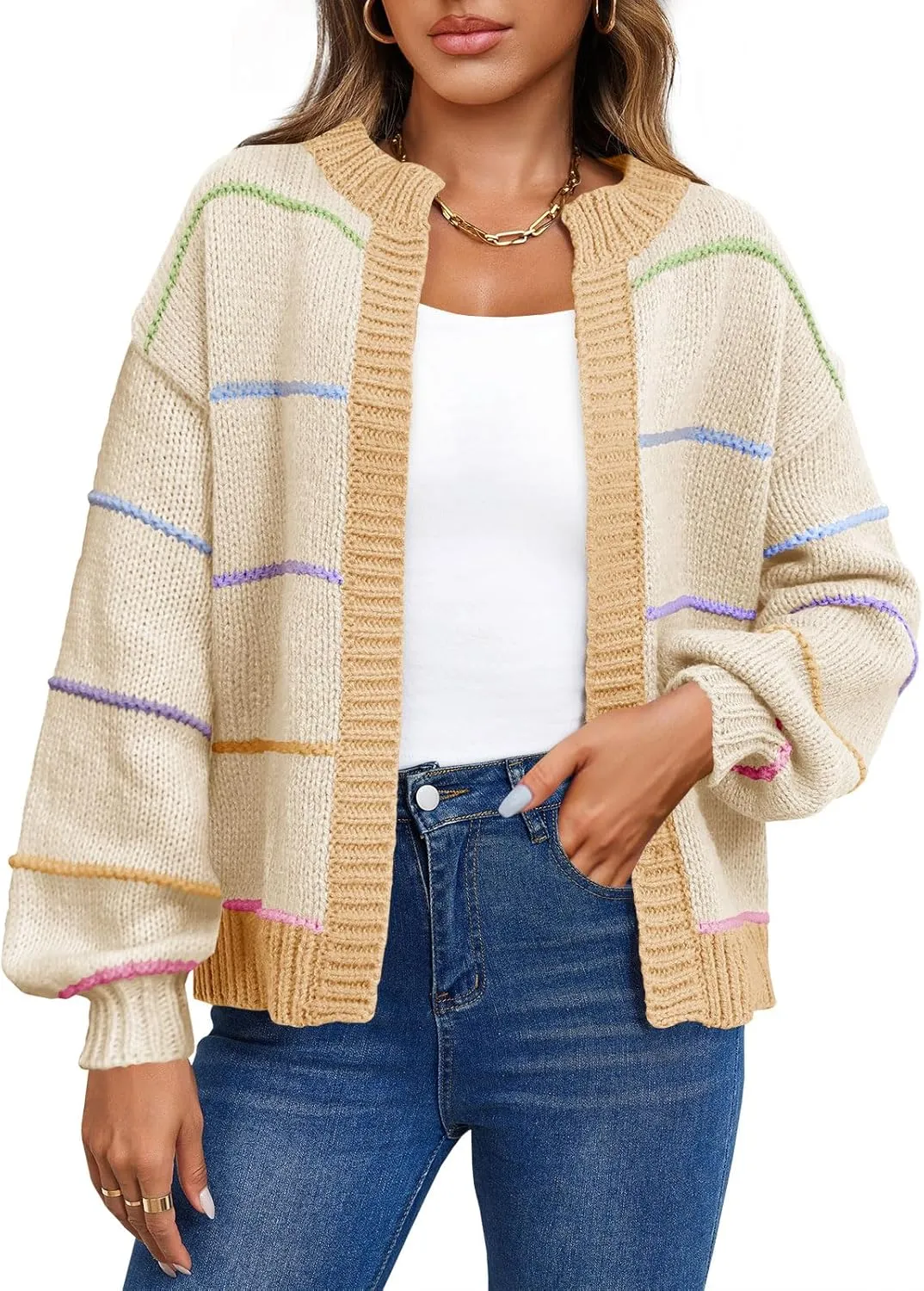 Saodimallsu Womens Color Block Cardigan Sweater Striped Open Front 2024 Fall Chunky Trendy Knit Loose Sweater Coats