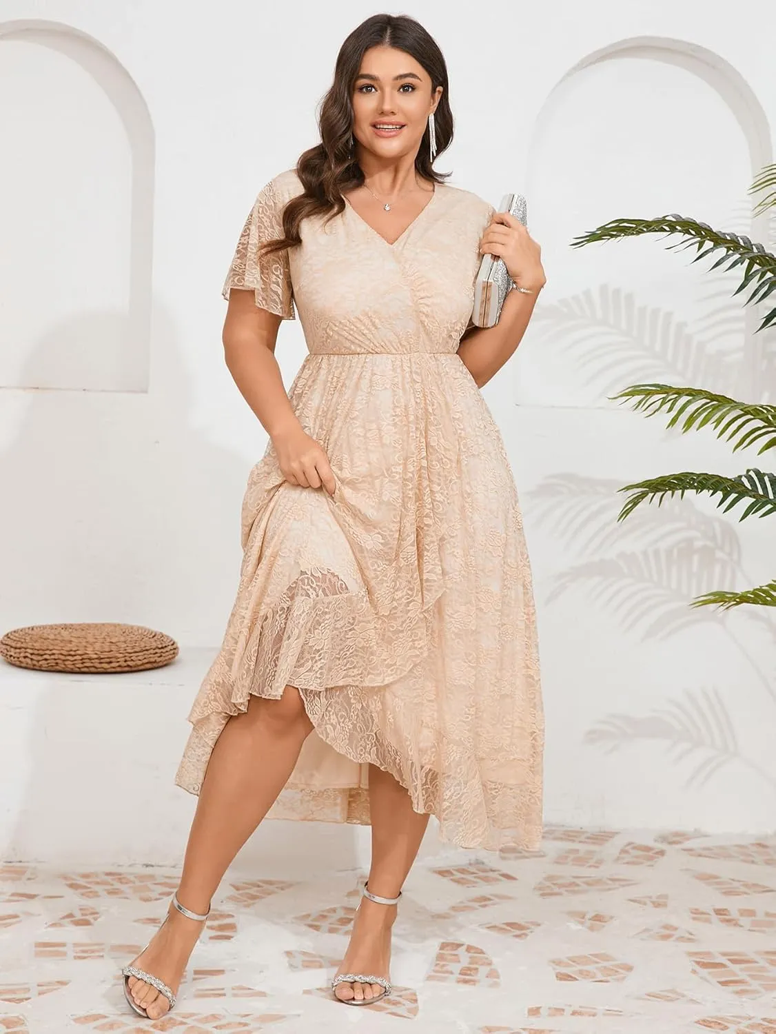 SCOMCHIC Womens Plus Size Wedding Guest Dress Formal Lace Faux Wrap V Neck High Low Short Sleeve Cocktail Maxi Dresses XL-4XL