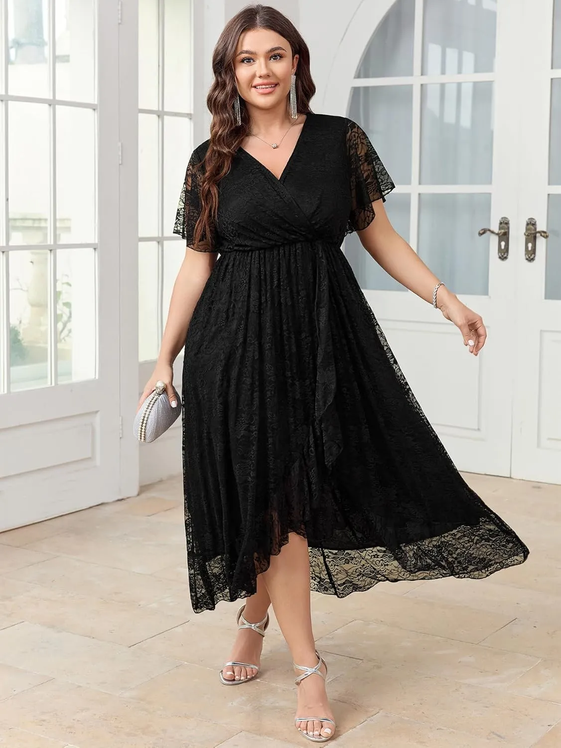 SCOMCHIC Womens Plus Size Wedding Guest Dress Formal Lace Faux Wrap V Neck High Low Short Sleeve Cocktail Maxi Dresses XL-4XL