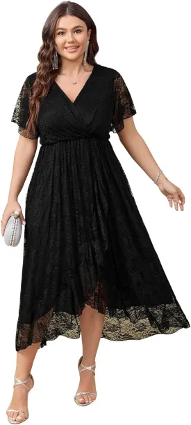 SCOMCHIC Womens Plus Size Wedding Guest Dress Formal Lace Faux Wrap V Neck High Low Short Sleeve Cocktail Maxi Dresses XL-4XL