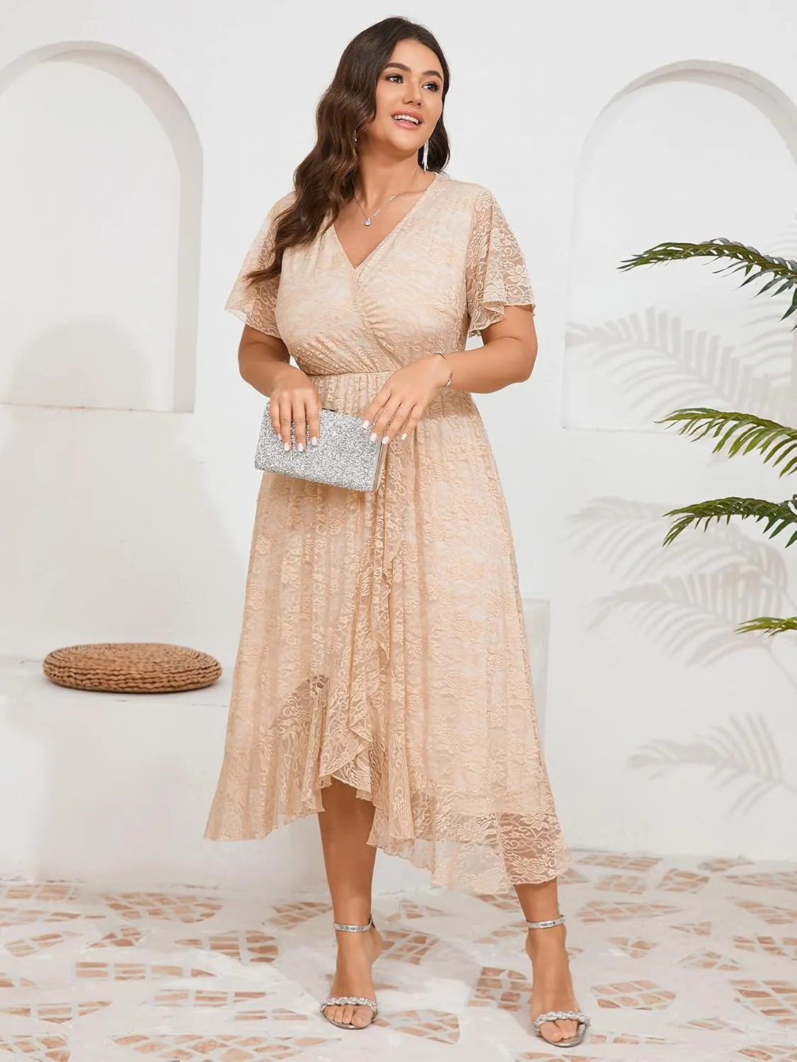 SCOMCHIC Womens Plus Size Wedding Guest Dress Formal Lace Faux Wrap V Neck High Low Short Sleeve Cocktail Maxi Dresses XL-4XL