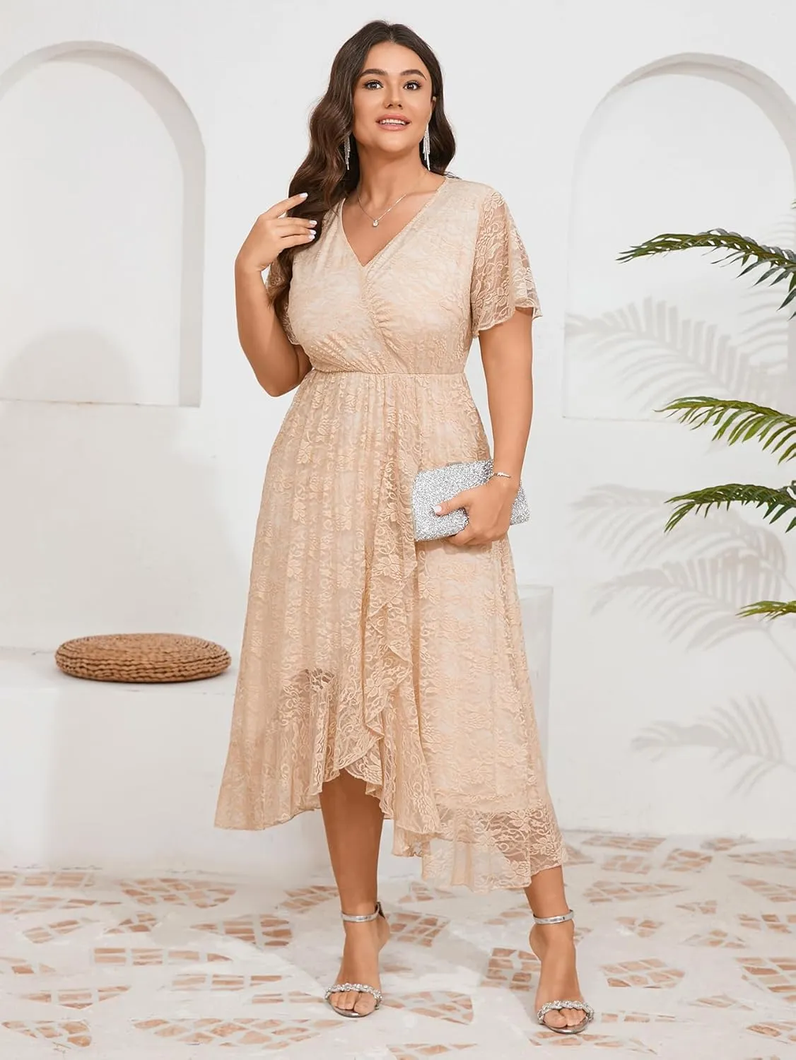 SCOMCHIC Womens Plus Size Wedding Guest Dress Formal Lace Faux Wrap V Neck High Low Short Sleeve Cocktail Maxi Dresses XL-4XL
