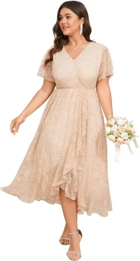 SCOMCHIC Womens Plus Size Wedding Guest Dress Formal Lace Faux Wrap V Neck High Low Short Sleeve Cocktail Maxi Dresses XL-4XL