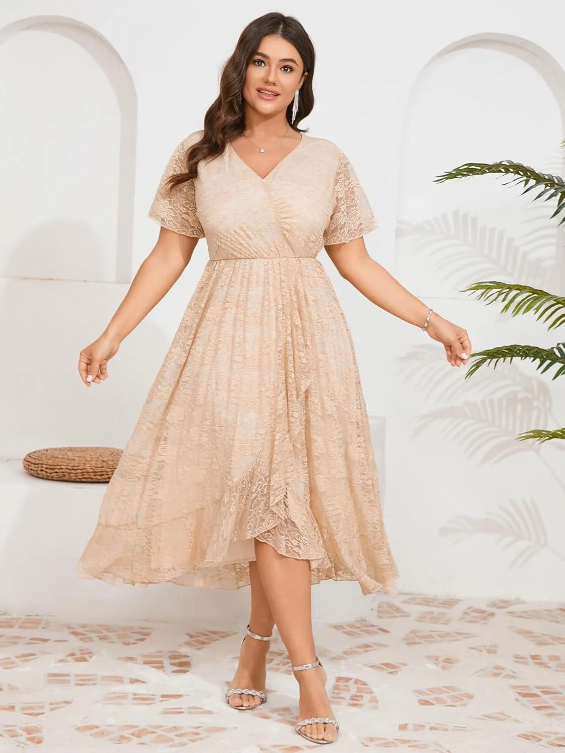 SCOMCHIC Womens Plus Size Wedding Guest Dress Formal Lace Faux Wrap V Neck High Low Short Sleeve Cocktail Maxi Dresses XL-4XL