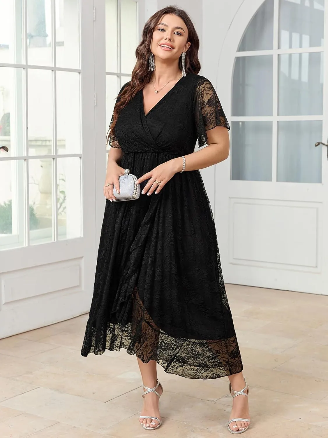 SCOMCHIC Womens Plus Size Wedding Guest Dress Formal Lace Faux Wrap V Neck High Low Short Sleeve Cocktail Maxi Dresses XL-4XL