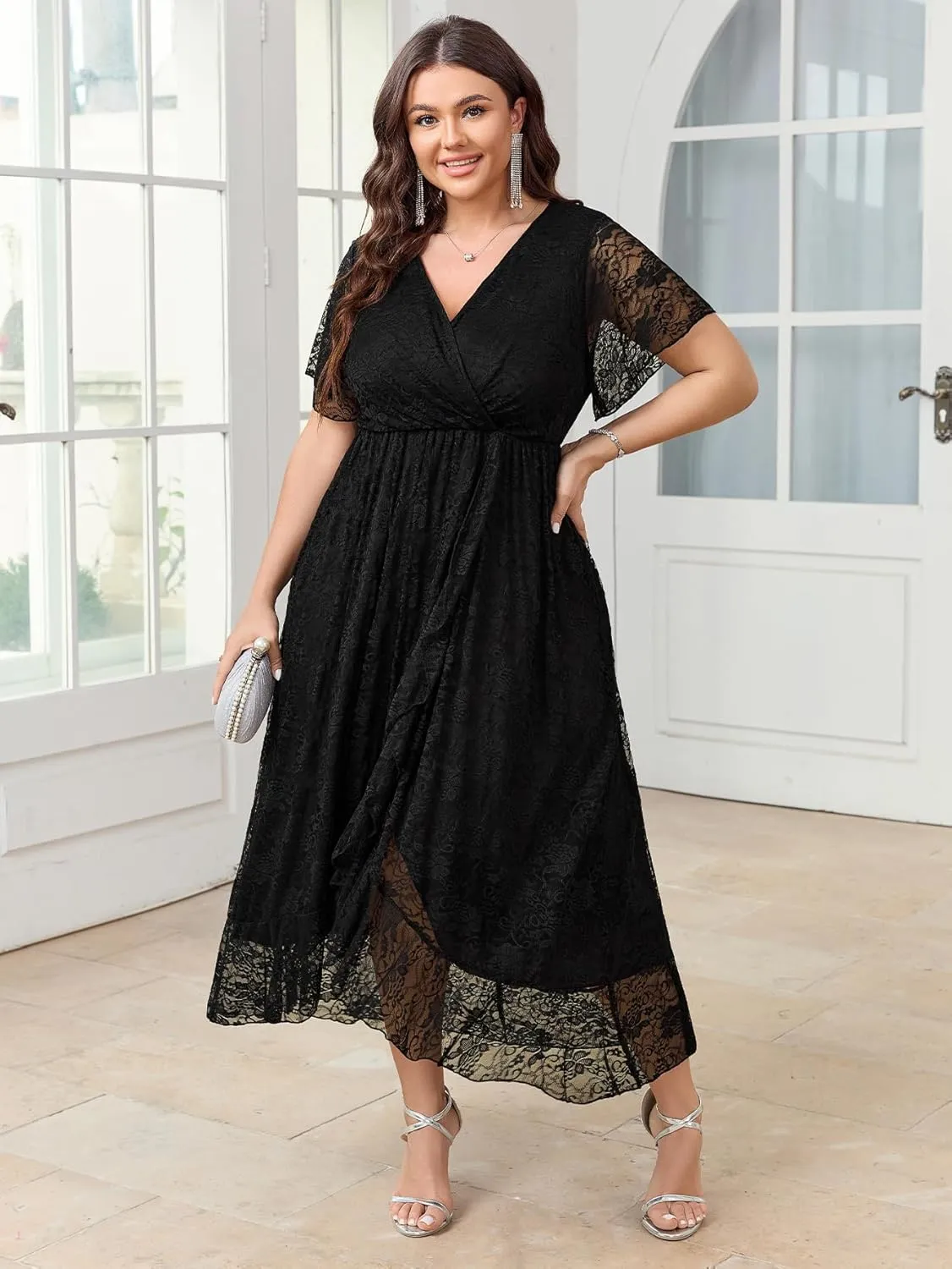SCOMCHIC Womens Plus Size Wedding Guest Dress Formal Lace Faux Wrap V Neck High Low Short Sleeve Cocktail Maxi Dresses XL-4XL
