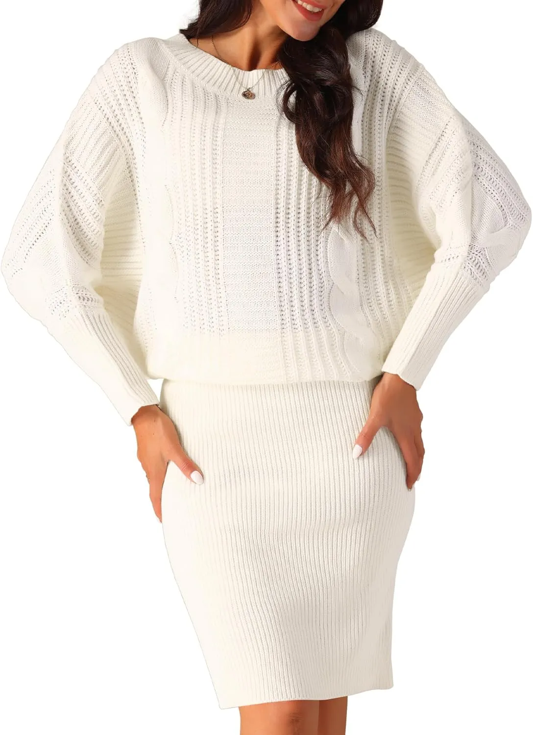 Seta T Women's Long Batwing Sleeve Sweater Dress Cable Knit Chunky Pullover Dresses