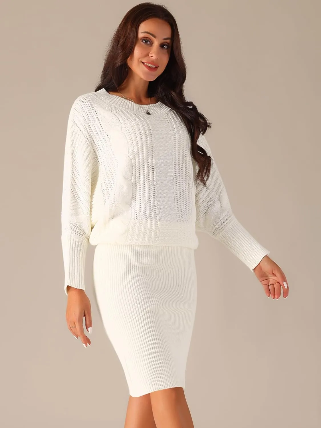 Seta T Women's Long Batwing Sleeve Sweater Dress Cable Knit Chunky Pullover Dresses