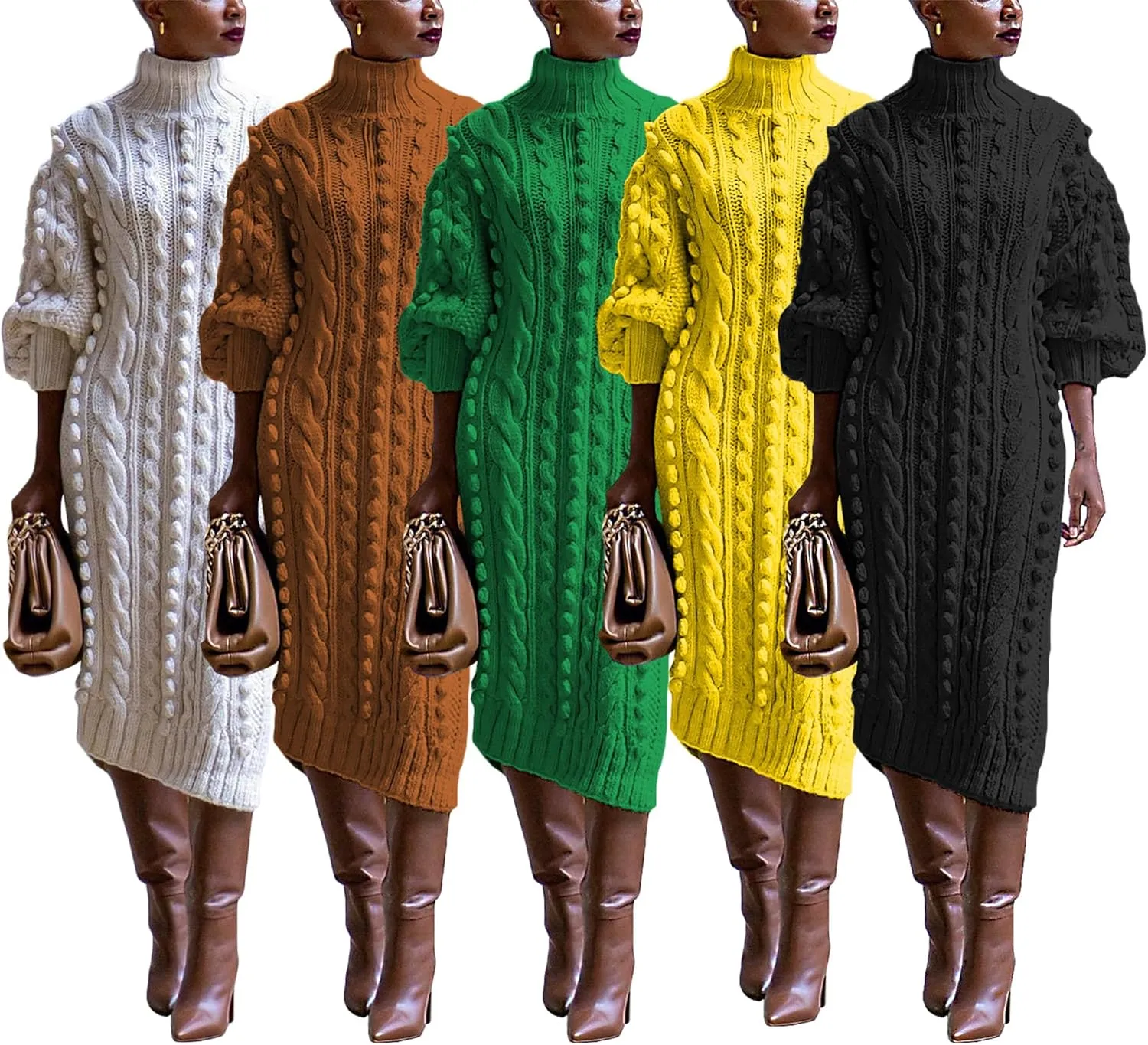 SHINFY Women's Pullover Sweater Dress Fall Winter Turtleneck Ribbed Knit Chunky Crochet Midi Dress with Slit
