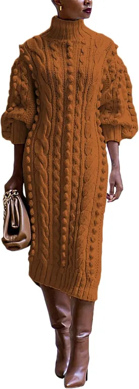 SHINFY Women's Pullover Sweater Dress Fall Winter Turtleneck Ribbed Knit Chunky Crochet Midi Dress with Slit
