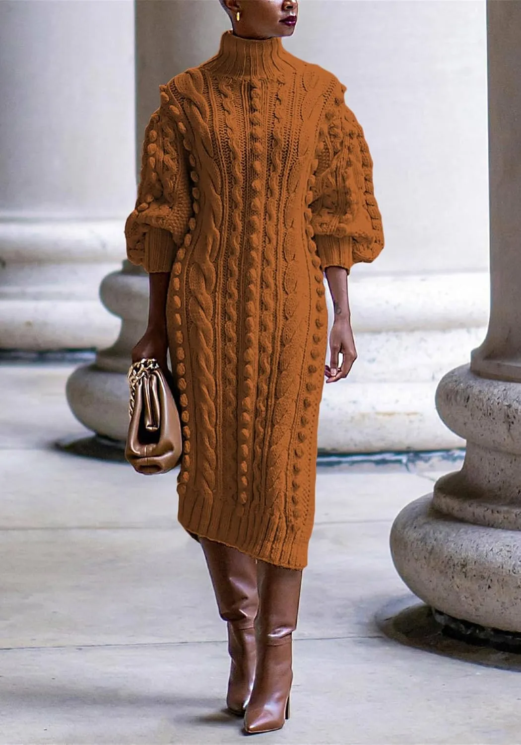 SHINFY Women's Pullover Sweater Dress Fall Winter Turtleneck Ribbed Knit Chunky Crochet Midi Dress with Slit