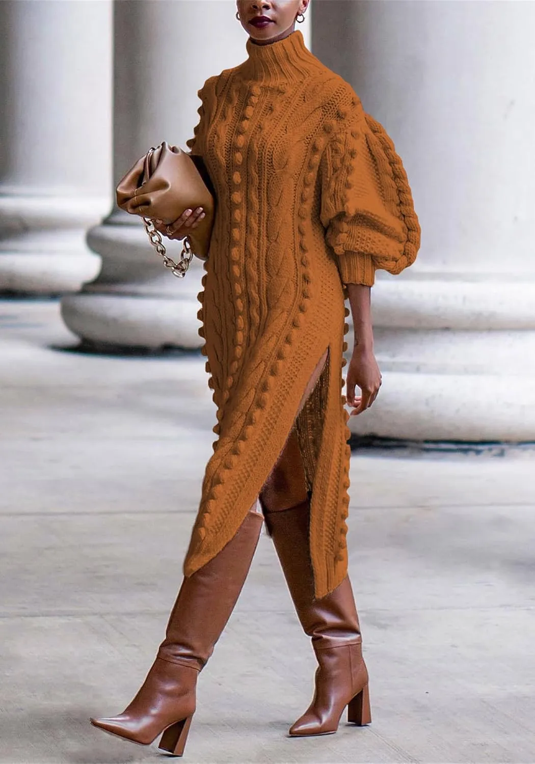 SHINFY Women's Pullover Sweater Dress Fall Winter Turtleneck Ribbed Knit Chunky Crochet Midi Dress with Slit