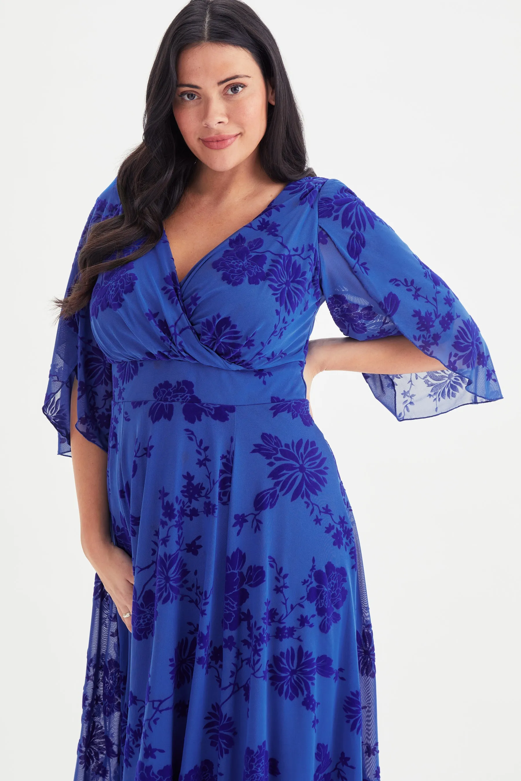 Soraya Blue Velvet Flock Hanky Hem Kimono Dress