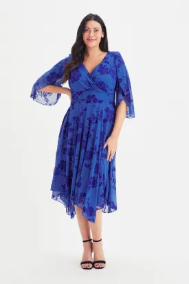 Soraya Blue Velvet Flock Hanky Hem Kimono Dress