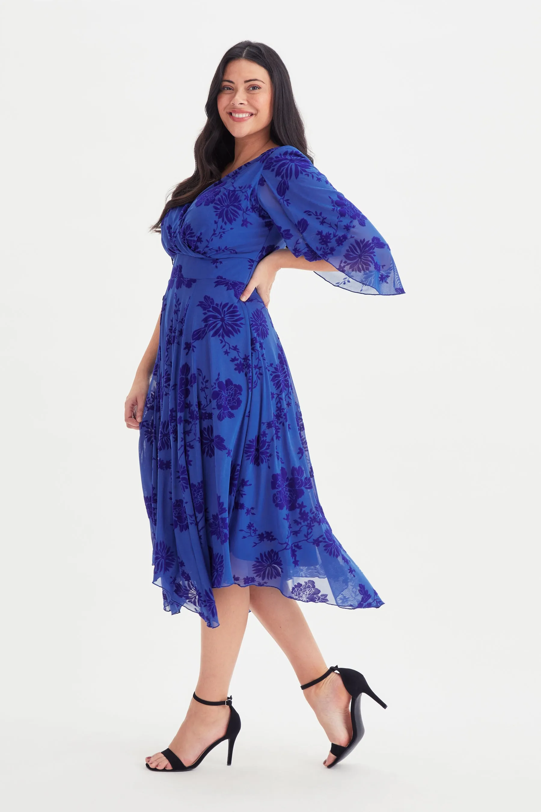 Soraya Blue Velvet Flock Hanky Hem Kimono Dress