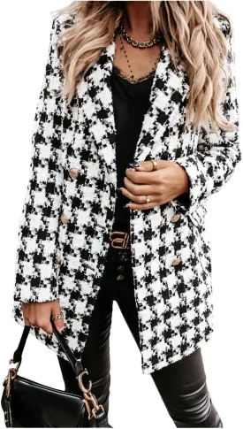 utcoco Womens 2025 Fashion Tweed Blazers Business Casual Double Breasted Open Front Plaid Blazer Jackets