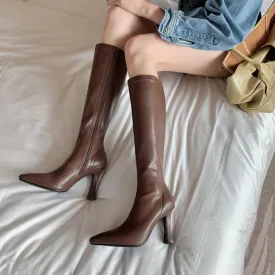 Women Boots Square Heel Patent Leather Pointed Toe Knee High Boots Winter Boot Side