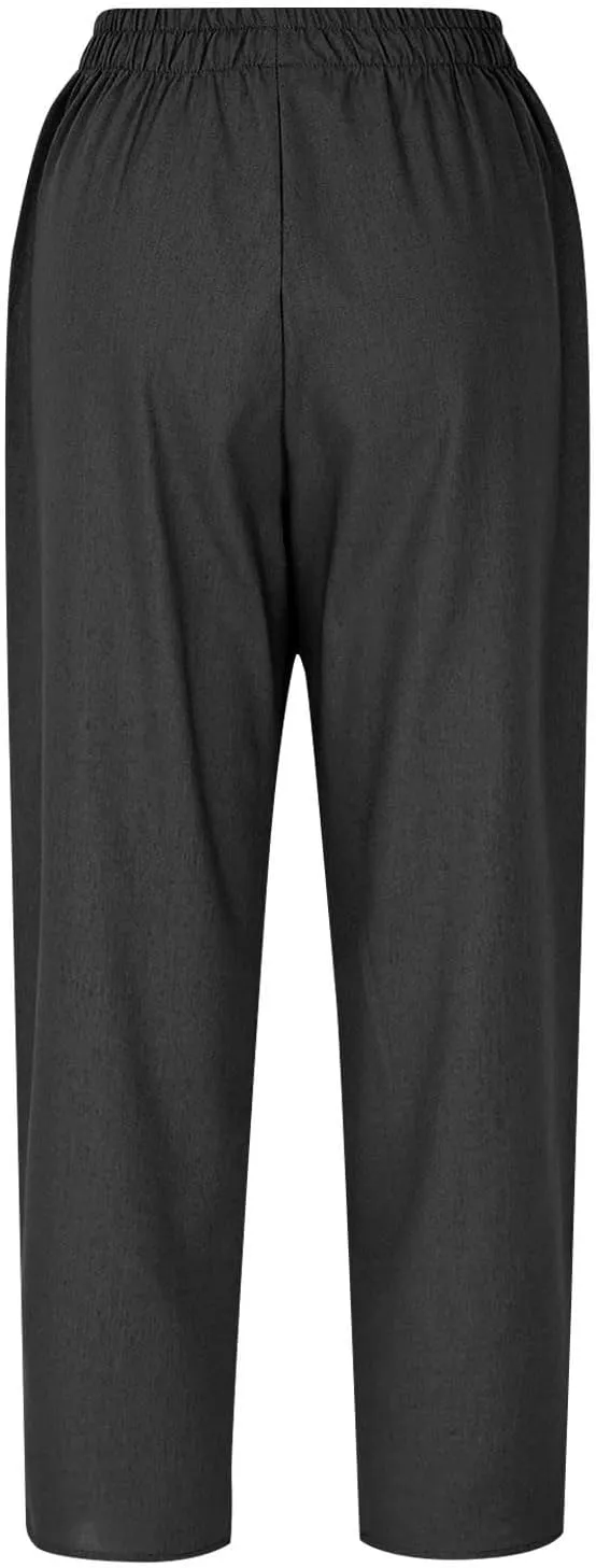 Women Cargo Tapered Pants Elastic High Waist Casual Outdoor Trousers Fashion Button Side Hem Straight Pant with Pockets