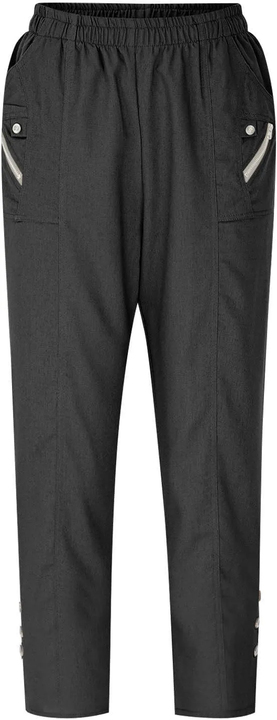 Women Cargo Tapered Pants Elastic High Waist Casual Outdoor Trousers Fashion Button Side Hem Straight Pant with Pockets