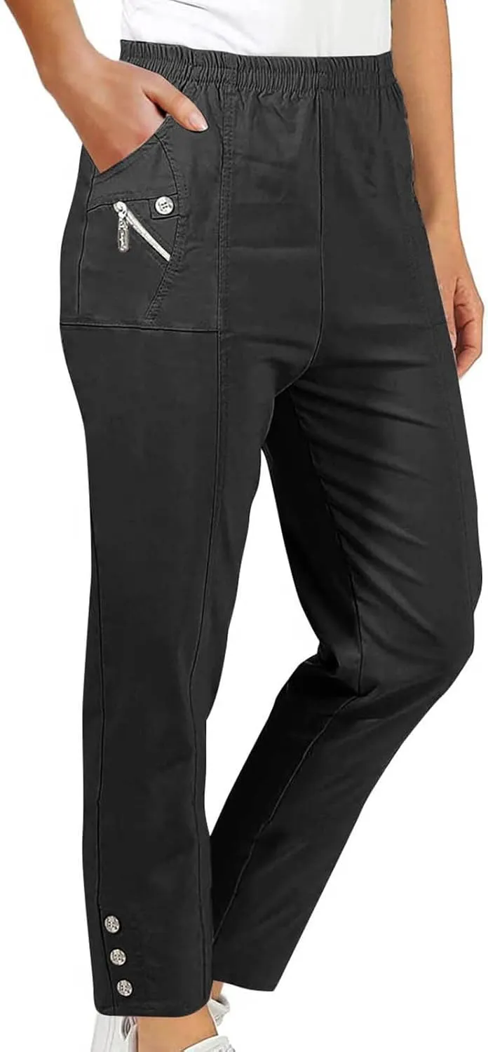 Women Cargo Tapered Pants Elastic High Waist Casual Outdoor Trousers Fashion Button Side Hem Straight Pant with Pockets