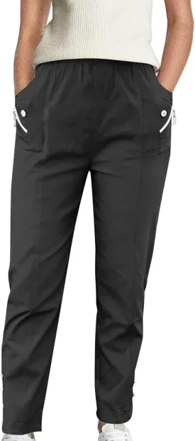 Women Cargo Tapered Pants Elastic High Waist Casual Outdoor Trousers Fashion Button Side Hem Straight Pant with Pockets