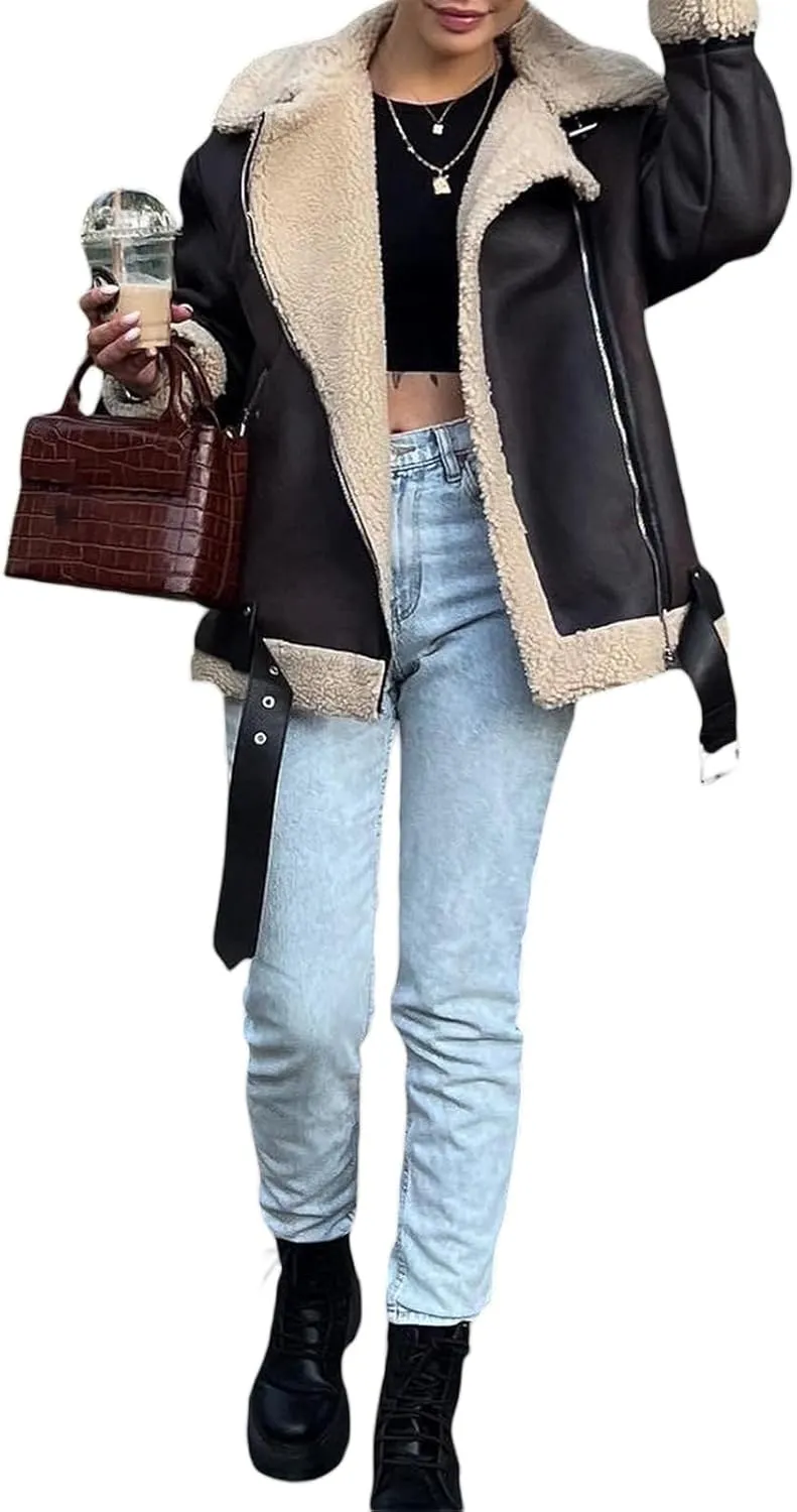 Women Faux Lamb Fur Leather Short Jacket Lapel Zipper Bomber Outwear Faux Suede Coat Warm Biker Motor Aviator Coat
