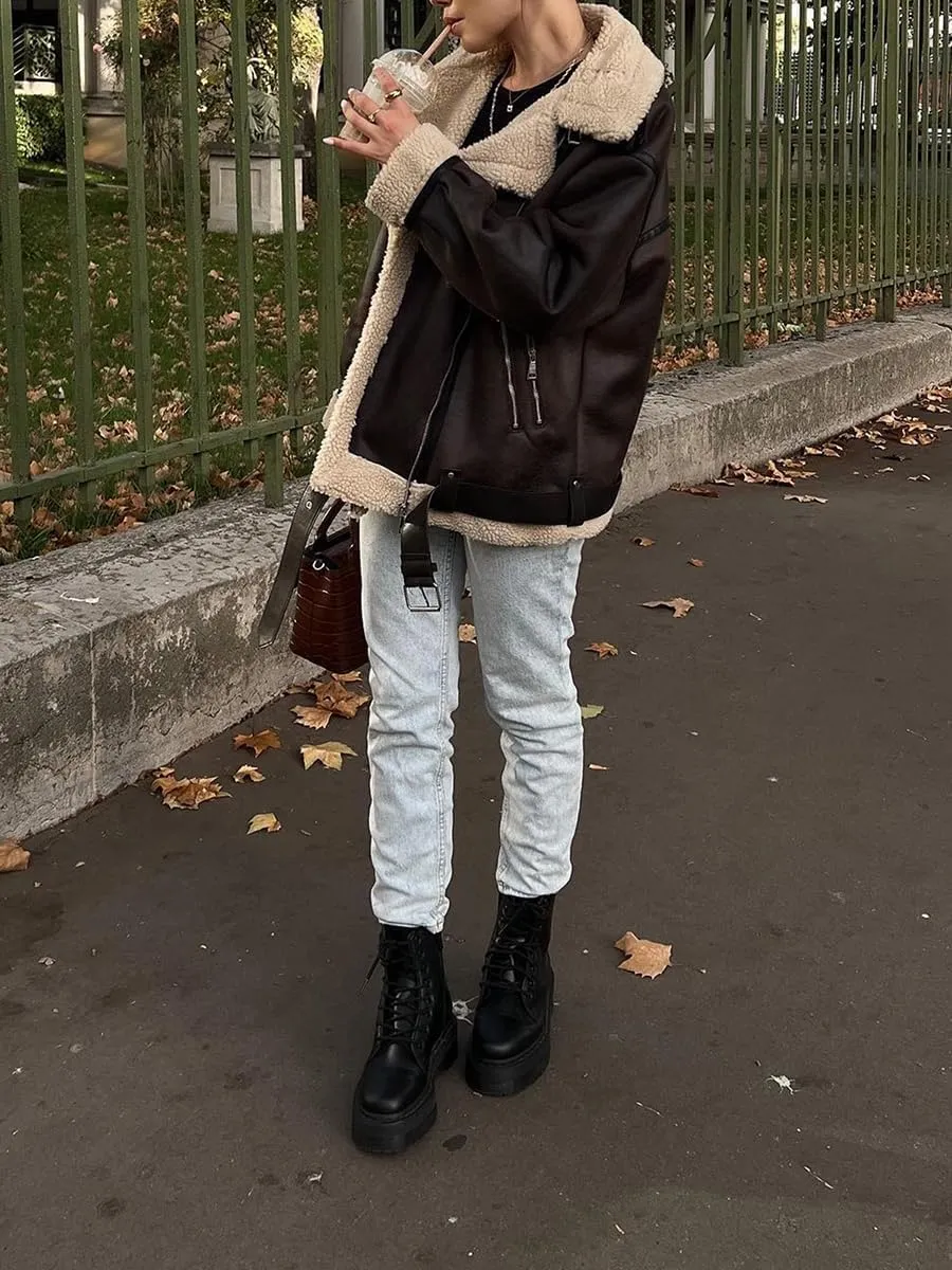 Women Faux Lamb Fur Leather Short Jacket Lapel Zipper Bomber Outwear Faux Suede Coat Warm Biker Motor Aviator Coat