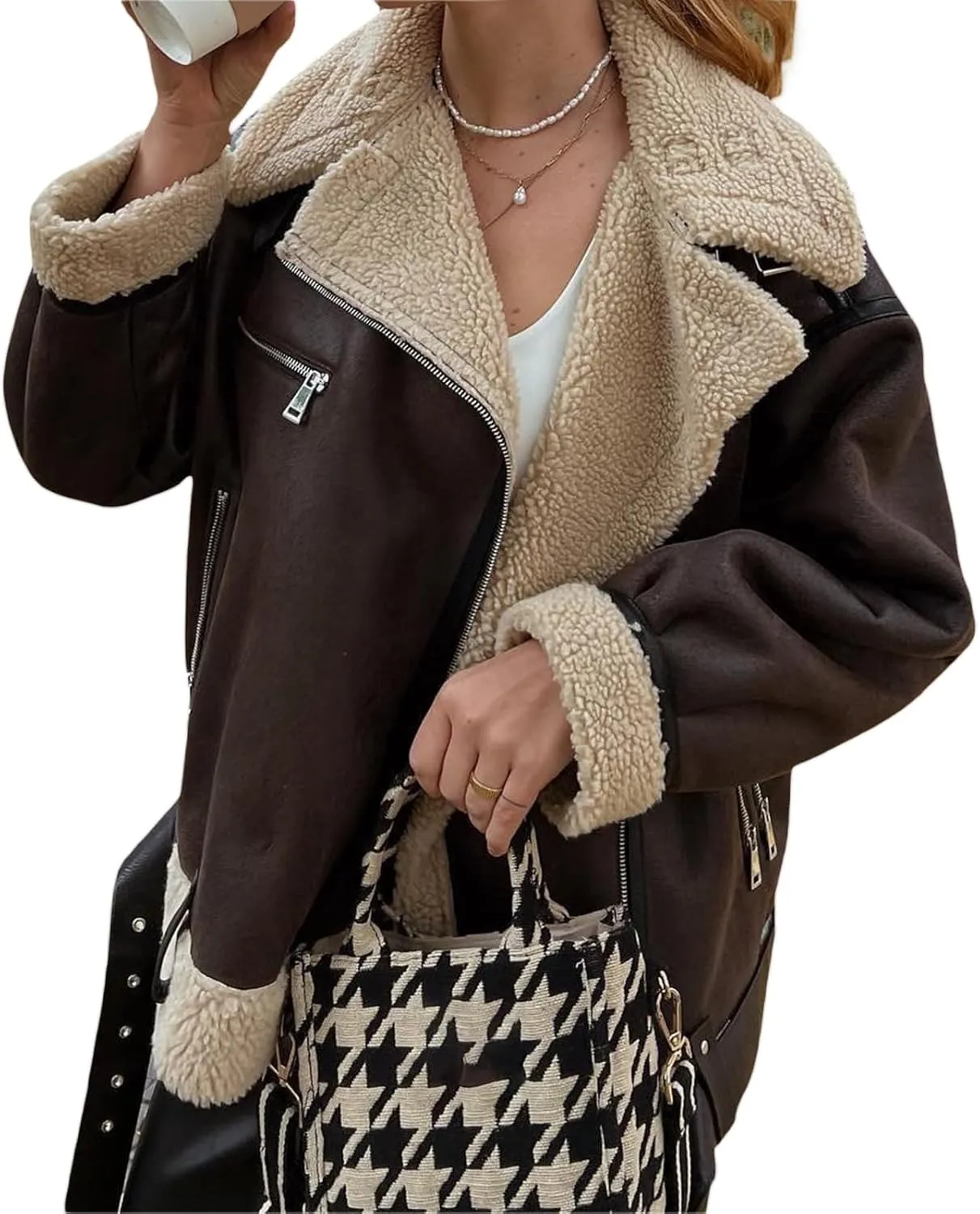 Women Faux Lamb Fur Leather Short Jacket Lapel Zipper Bomber Outwear Faux Suede Coat Warm Biker Motor Aviator Coat