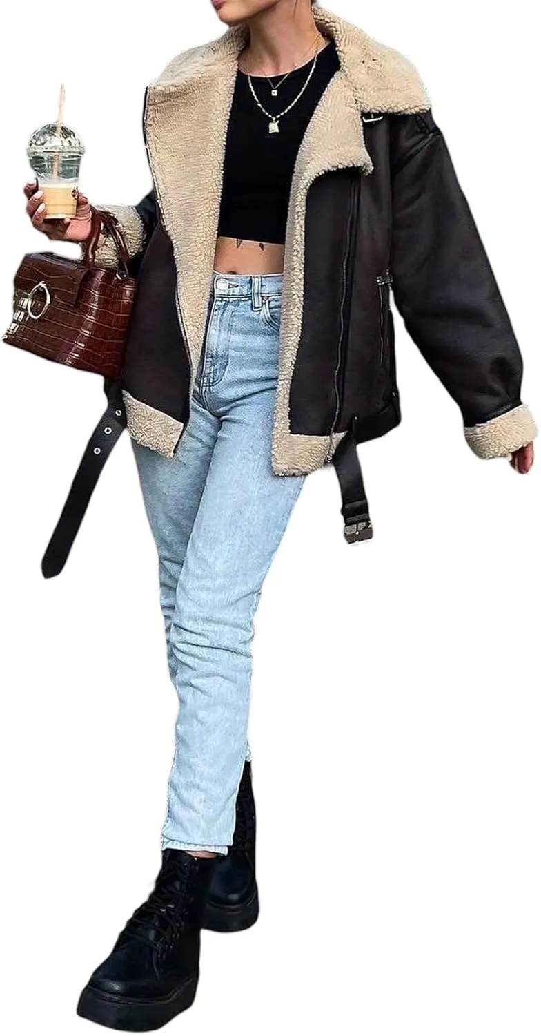 Women Faux Lamb Fur Leather Short Jacket Lapel Zipper Bomber Outwear Faux Suede Coat Warm Biker Motor Aviator Coat