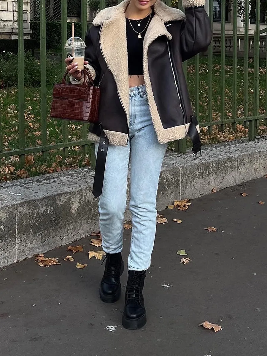 Women Faux Lamb Fur Leather Short Jacket Lapel Zipper Bomber Outwear Faux Suede Coat Warm Biker Motor Aviator Coat
