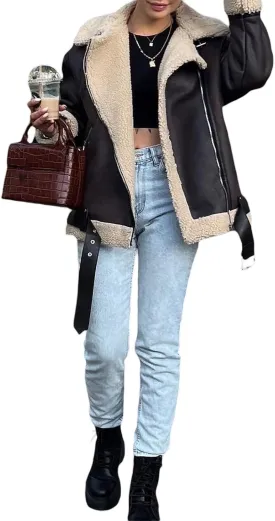 Women Faux Lamb Fur Leather Short Jacket Lapel Zipper Bomber Outwear Faux Suede Coat Warm Biker Motor Aviator Coat