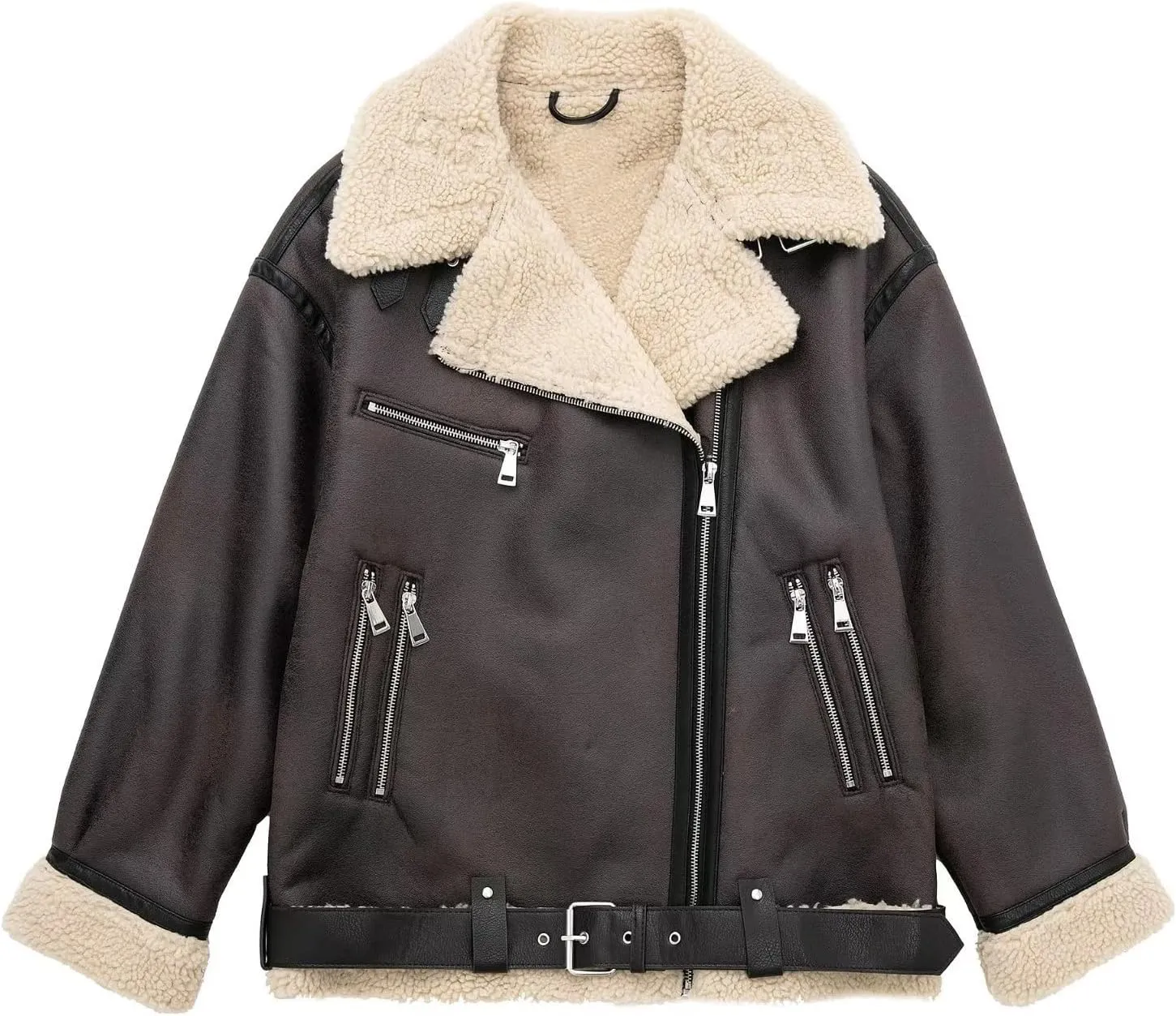 Women Faux Lamb Fur Leather Short Jacket Lapel Zipper Bomber Outwear Faux Suede Coat Warm Biker Motor Aviator Coat