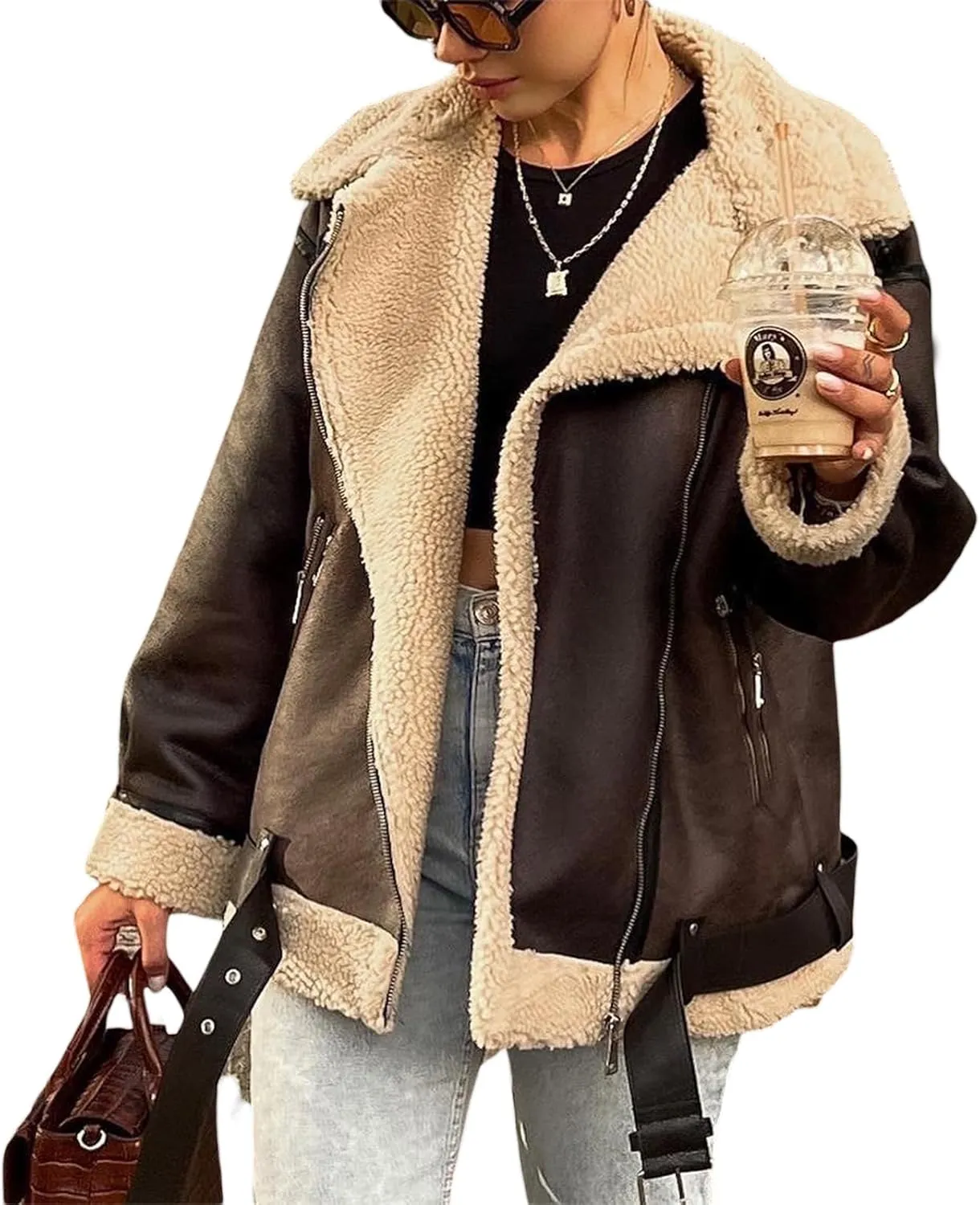 Women Faux Lamb Fur Leather Short Jacket Lapel Zipper Bomber Outwear Faux Suede Coat Warm Biker Motor Aviator Coat